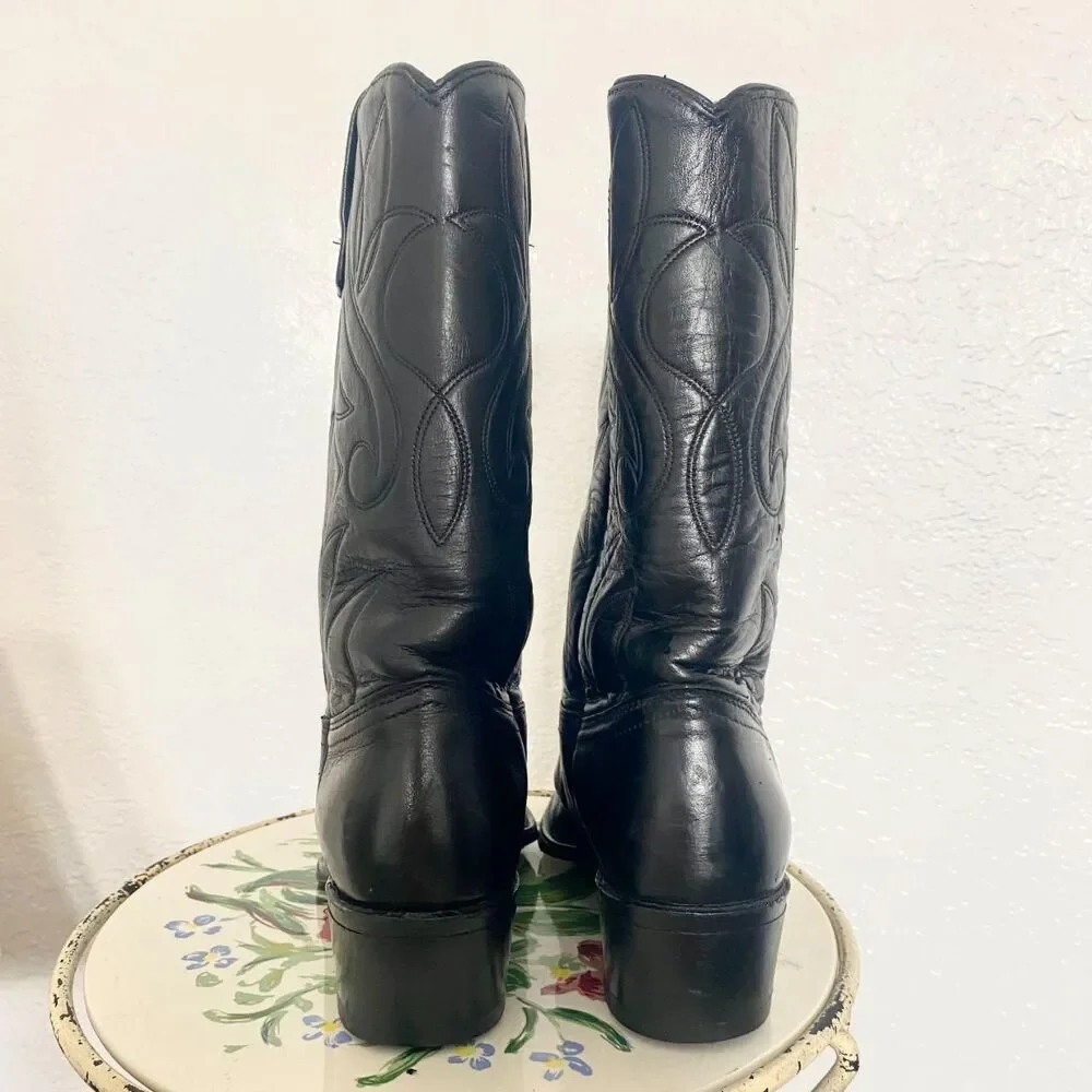 Vintage 1980s Acme Black Leather Cowboy Boots Made in USA Size Mens 7 D
